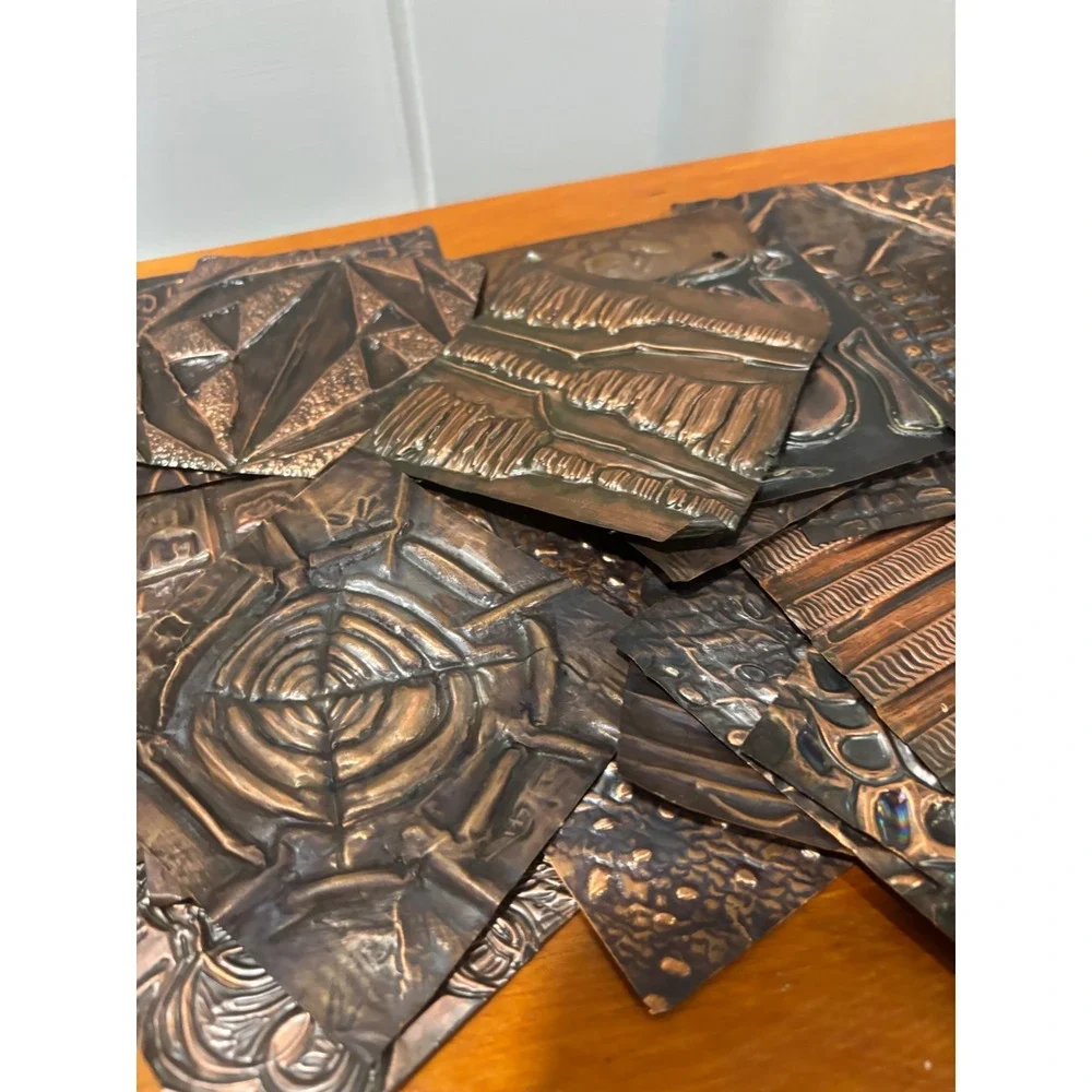 Vintage Handmade Copper Repousse Tiles Lot 18 Count 4x4 Abstract Art Supplies